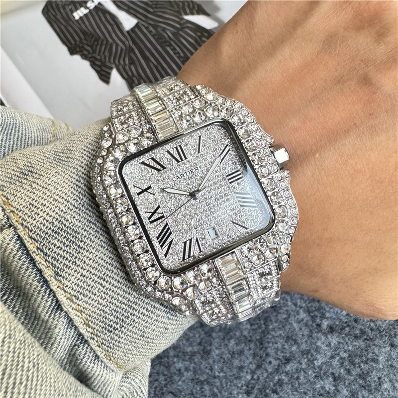 🧊💎 Iced Out Cartier-Style Watch – Bust Down Luxury Timepiece ⌚🔥