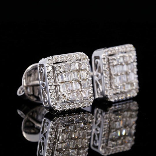 Fabulous Round And Baguette Screw Back Moissanite Diamond Men Earring