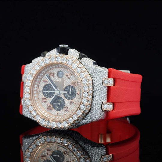 Fabulous Iced Out Red Rubber Belt Automatic Moissanite Wrist Watch