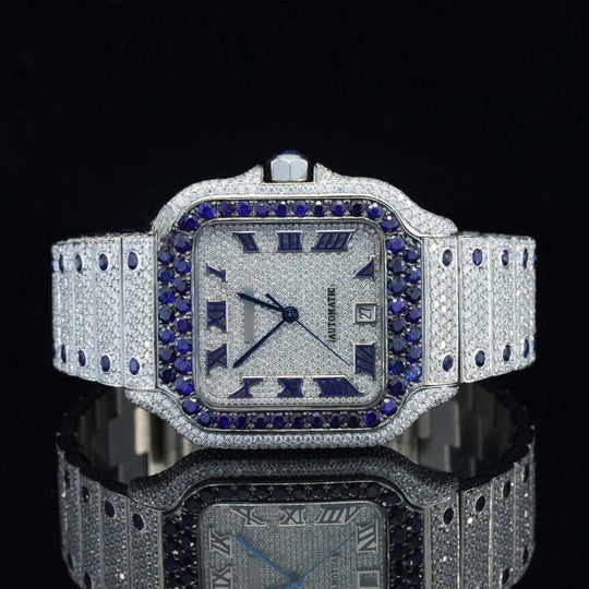 Iced Out Moissanite Watch Automatic Movement Blue And White For Men