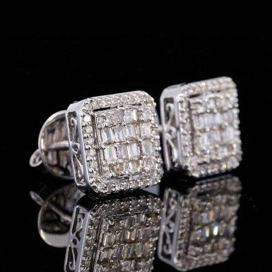 Fabulous Round And Baguette Screw Back Moissanite Diamond Men Earring