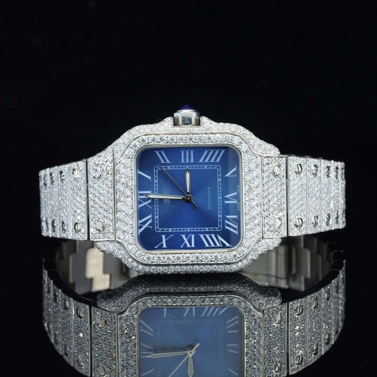 Iced Out Moissanite Watch Blue Dial Metal Belt Fully Automatic For Men