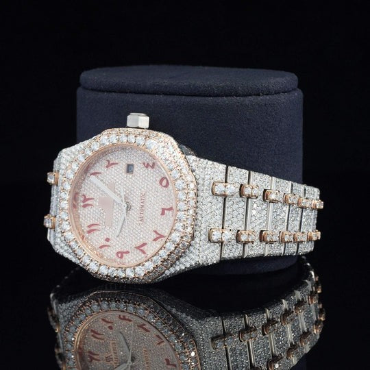 Classic Fully Iced Out Moissanite Automatic Movement Two Tone Watch