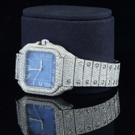 Iced Out Moissanite Watch Blue Dial Metal Belt Fully Automatic For Men
