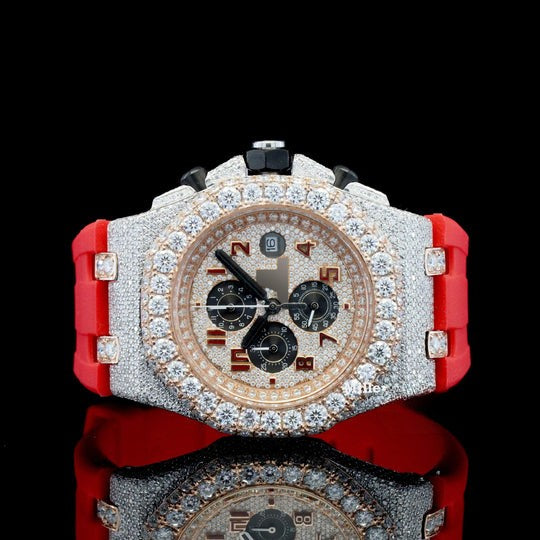 Fabulous Iced Out Red Rubber Belt Automatic Moissanite Wrist Watch