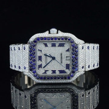 Iced Out Moissanite Watch Automatic Movement Blue And White For Men