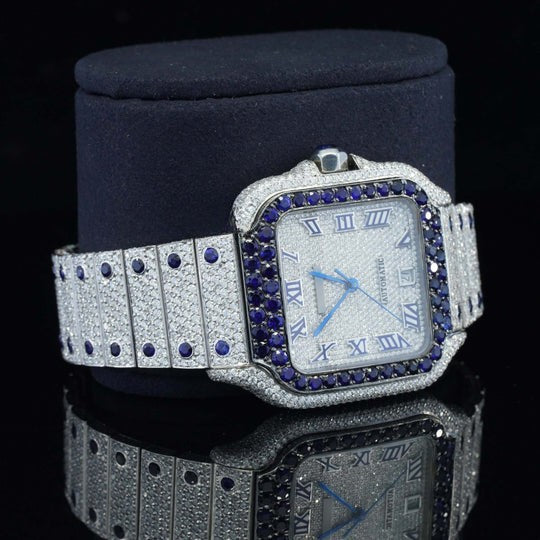 Iced Out Moissanite Watch Automatic Movement Blue And White For Men