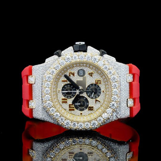 Fabulous Iced Out Red Rubber Belt Automatic Moissanite Wrist Watch