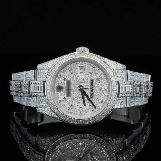 Classic Round and Baguette Iced Out Moissanite Diamond Automatic Watch For Men