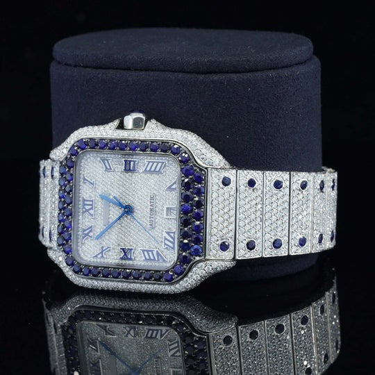Iced Out Moissanite Watch Automatic Movement Blue And White For Men