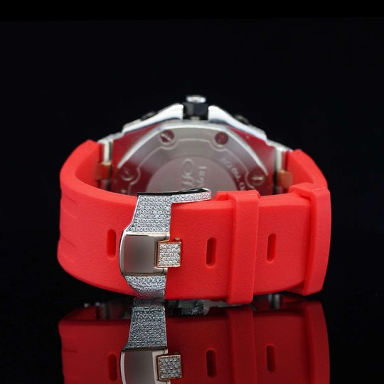 Fabulous Iced Out Red Rubber Belt Automatic Moissanite Wrist Watch