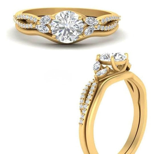 Round Moissanite Diamond Twisted Vine Split Shank With Curved Engagement Ring