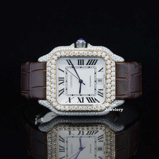 Amazing White Dial With Brown Leather Belt Moissanite Watch