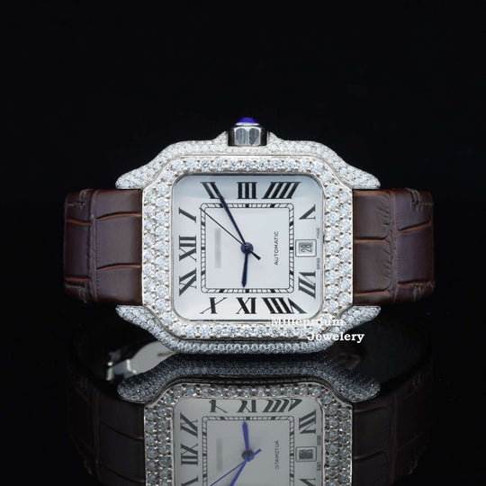 Amazing White Dial With Brown Leather Belt Moissanite Watch