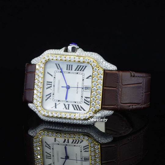 Amazing White Dial With Brown Leather Belt Moissanite Watch