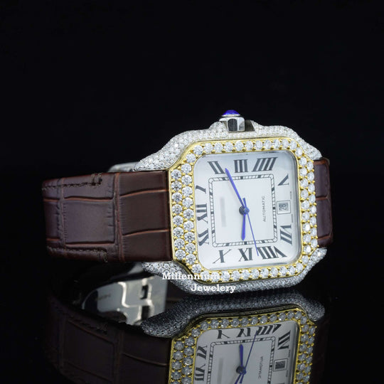 Amazing White Dial With Brown Leather Belt Moissanite Watch