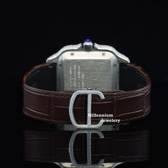 Amazing White Dial With Brown Leather Belt Moissanite Watch