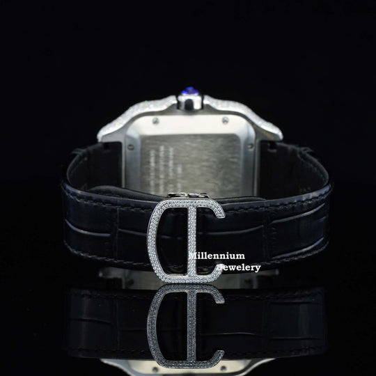 Awesome Black Dial And Leather Belt Moissanite Watch