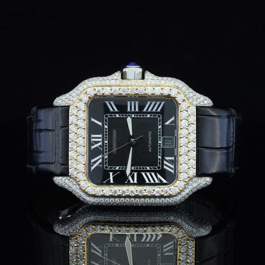 Awesome Black Dial And Leather Belt Moissanite Watch