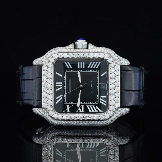 Awesome Black Dial And Leather Belt Moissanite Watch