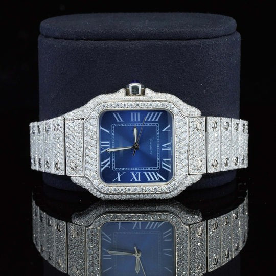Iced Out Moissanite Watch Blue Dial Metal Belt Fully Automatic For Men