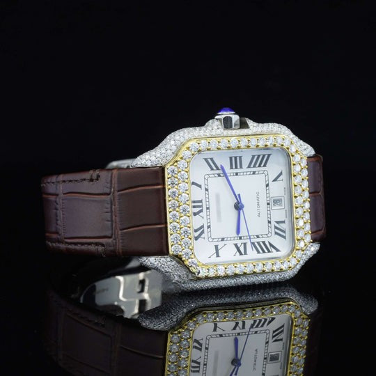 Amazing White Dial With Brown Leather Belt Moissanite Watch