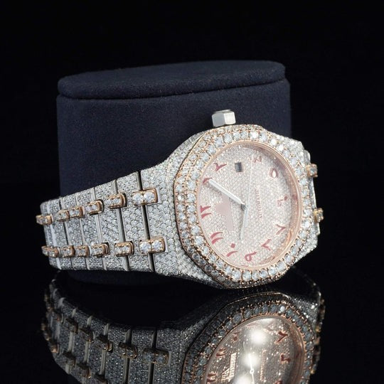 Classic Fully Iced Out Moissanite Automatic Movement Two Tone Watch