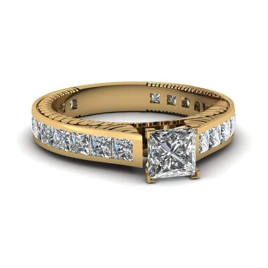 Vintage Princess Cut Channel With Prong Set Moissanite Diamond Wedding Ring