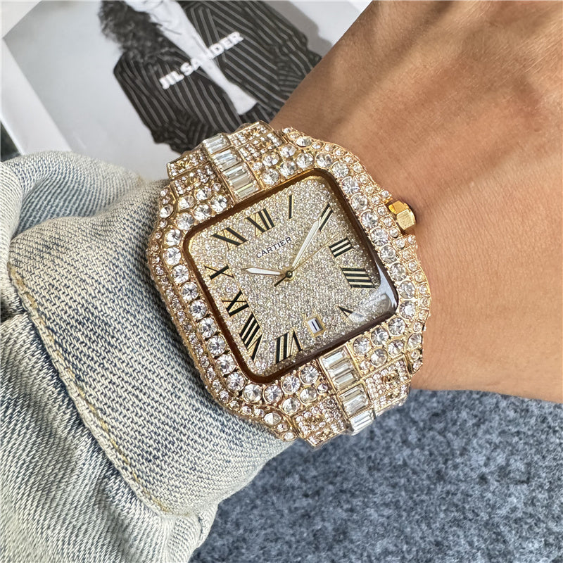🧊💎 Iced Out Cartier-Style Watch – Bust Down Luxury Timepiece ⌚🔥